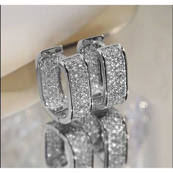 Paved CZ Hoop Earrings for Women Metal Silver Color Hinged Simple Versatile - Picture 1 of 5